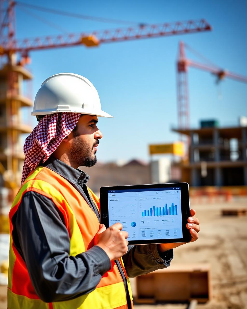 Saudi engineer reviewing live analytics on site